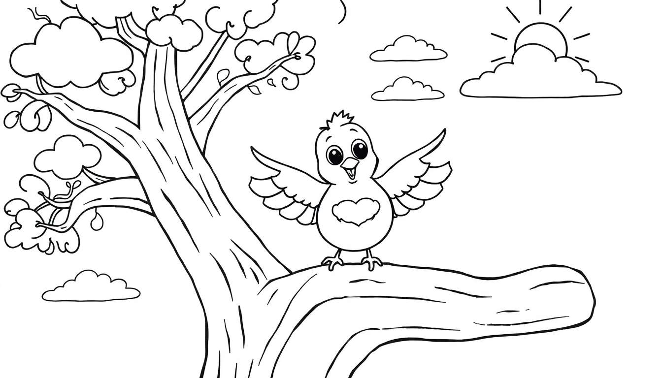 Un dessin au trait d'un oiseau joyeux sur une branche, prêt à être colorié, avec un cœur sur sa poitrine.