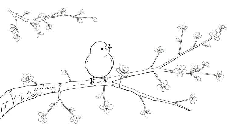 Un oiseau dessiné au trait chante sur une branche d'arbre en fleur, dans un style minimaliste.