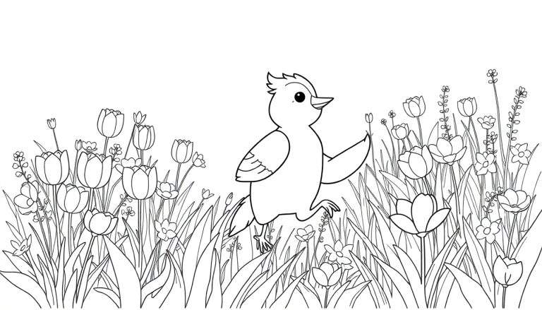 Un dessin au trait d'un oiseau en plein vol au milieu d'un champ de tulipes, destiné à un color panel.