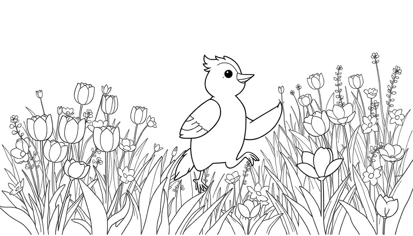 Un dessin au trait d'un oiseau en plein vol au milieu d'un champ de tulipes, destiné à un color panel.
