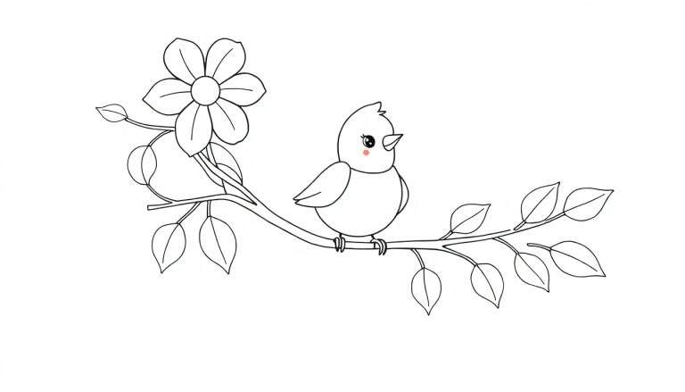 Un oiseau de dessin animé coloré perché sur une branche avec des feuilles et une fleur, prêt à être colorié dans un color panel.