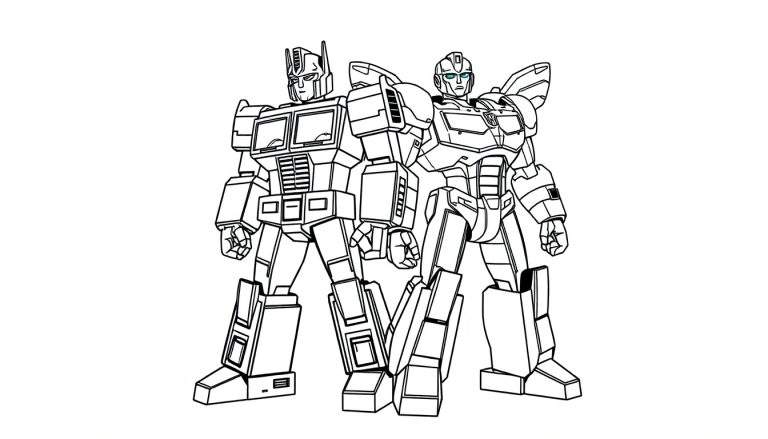 Optimus Prime et un autre Transformer en dessin noir et blanc, style bande dessinée.