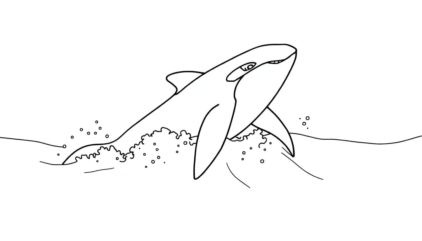Un dessin au trait noir et blanc d'une orque sautant hors de l'eau, prêt pour un color panel.