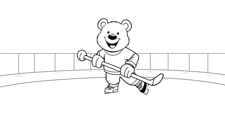 Un ours de dessin animé souriant joue au hockey sur glace, sur un color panel.