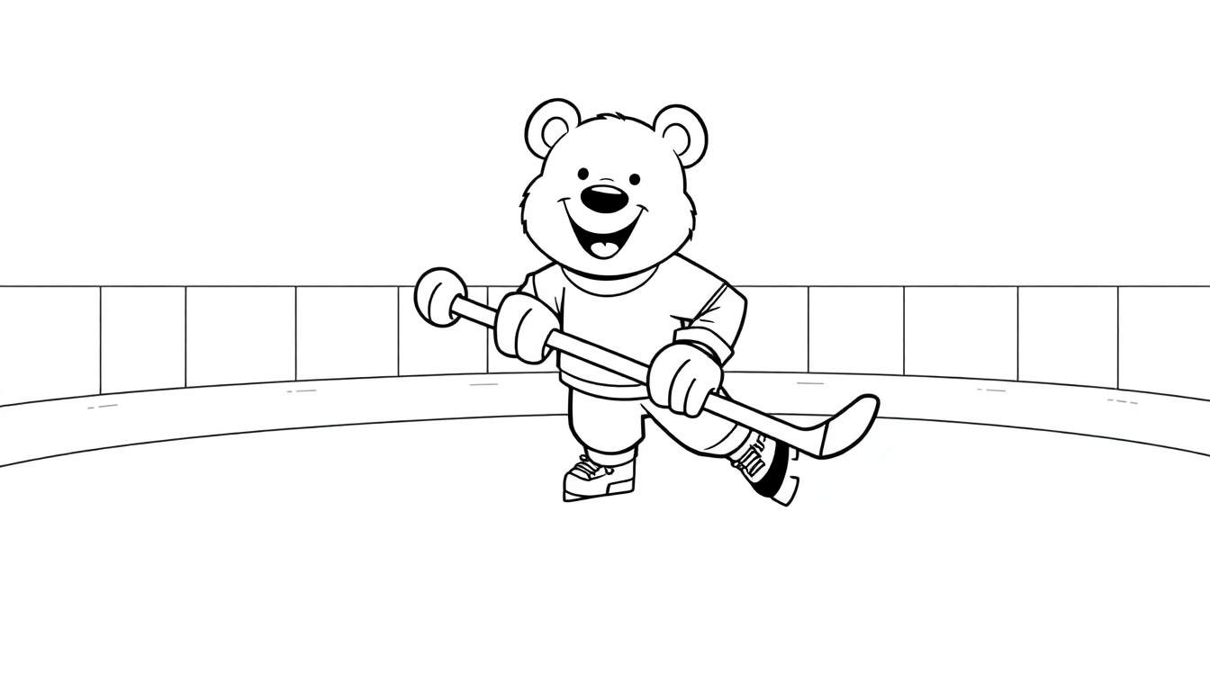Un ours de dessin animé souriant joue au hockey sur glace, sur un color panel.