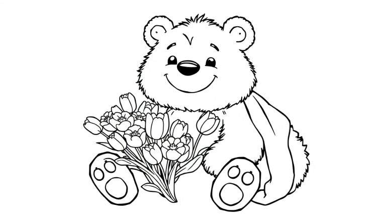 Ours en peluche tenant des tulipes, dessin au trait, page de coloriage.