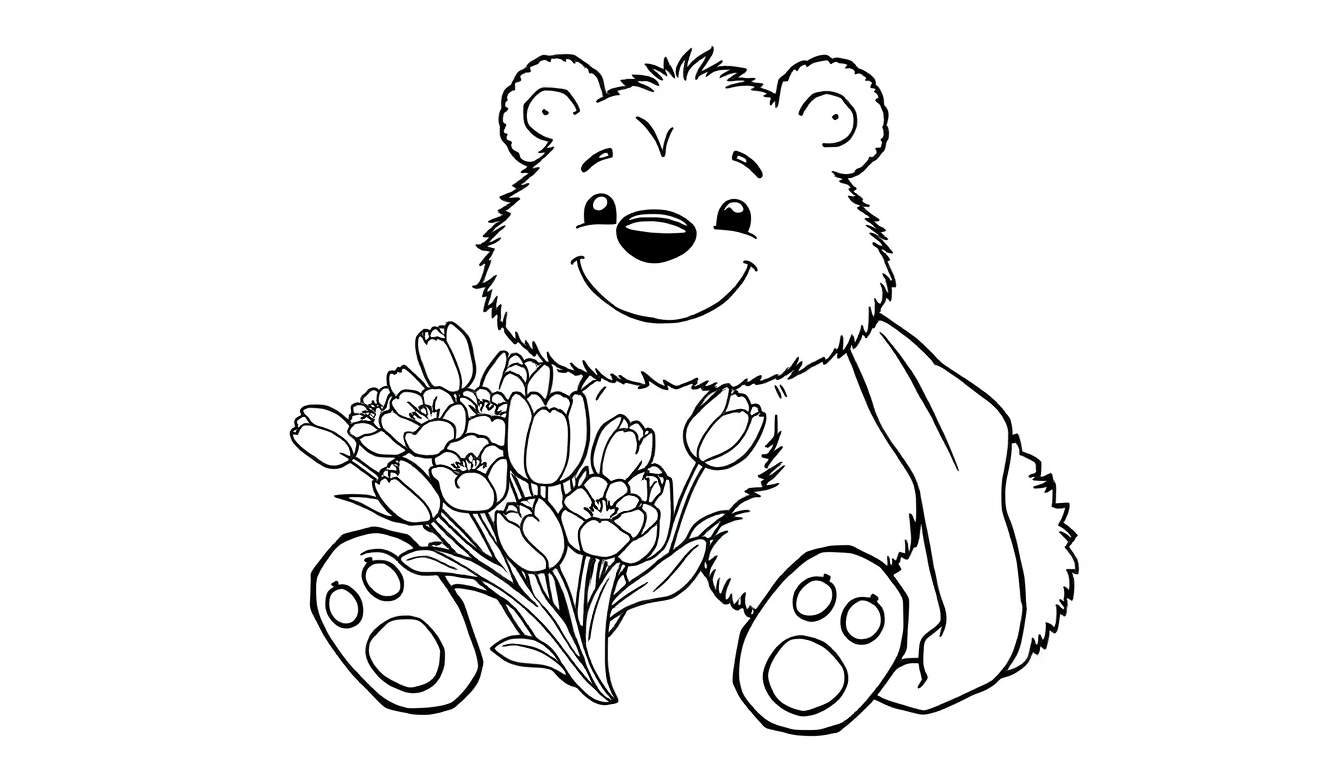 Ours en peluche tenant des tulipes, dessin au trait, page de coloriage.