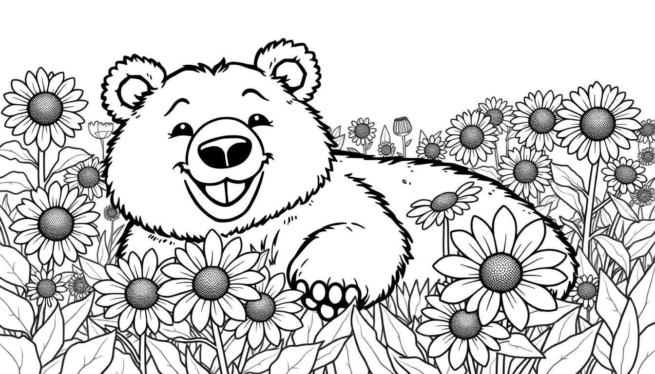 Dessin au trait noir et blanc d'un ours souriant détendu dans un champ de marguerites, parfait pour un color panel.