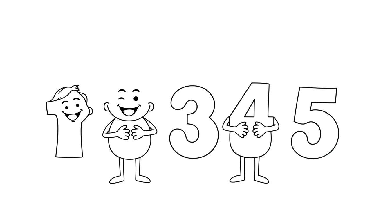 Page de coloriage de nombres dessinés à la main, du 1 au 5, chacun avec un visage et des bras, prêts à être colorés dans un color panel.