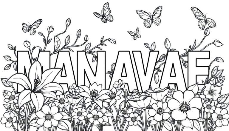 Une page de coloriage colorée avec le prénom MANAVAE écrit en grandes lettres ornées de lys, de tournesols, de coquelicots et de papillons.