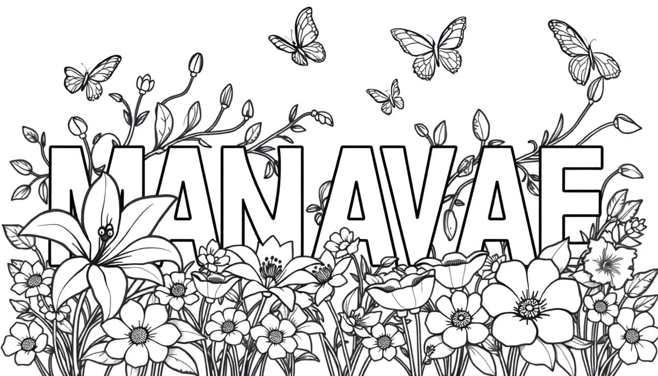 Une page de coloriage colorée avec le prénom MANAVAE écrit en grandes lettres ornées de lys, de tournesols, de coquelicots et de papillons.