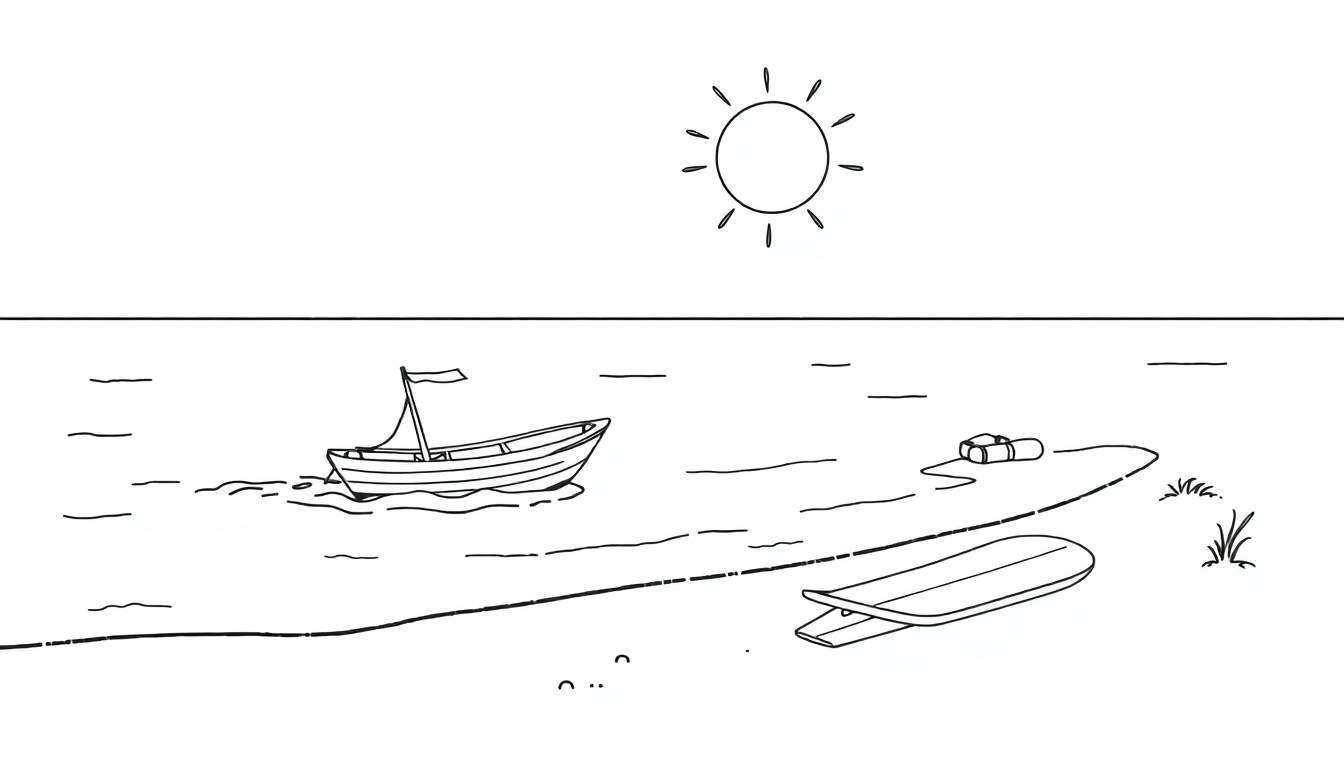 Image d'une plage dessinée en noir et blanc avec un soleil, un bateau à voile, une bouée de sauvetage, une planche de surf et de l'herbe.