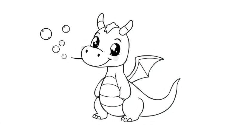Un adorable dragon de dessin animé en noir et blanc souffle des bulles, page de coloriage pour enfants.