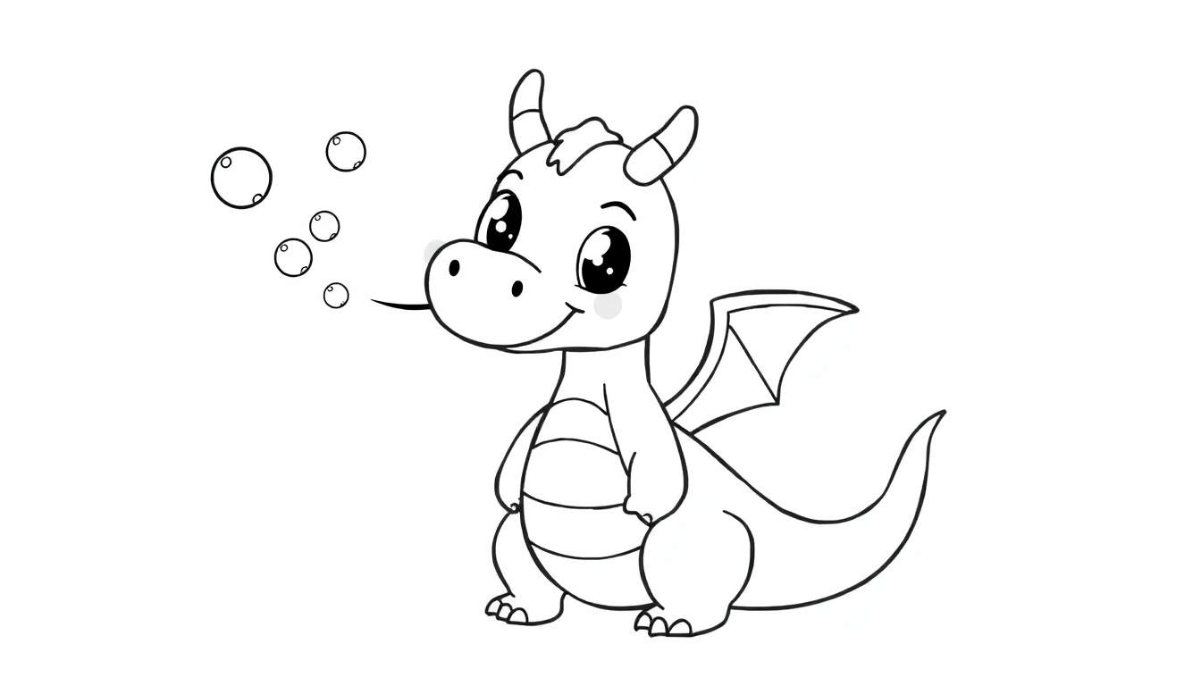 Un adorable dragon de dessin animé en noir et blanc souffle des bulles, page de coloriage pour enfants.