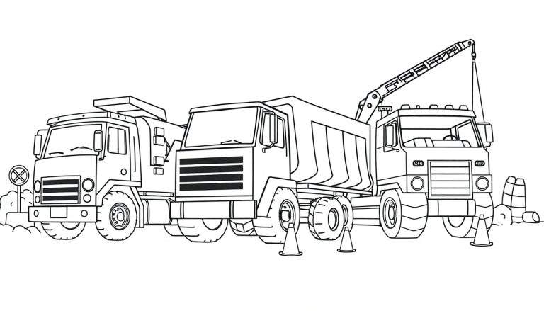 Un dessin au trait de trois camions de construction, dont un camion benne et un camion avec grue, avec des cônes de signalisation, sur un fond blanc. Un panneau de signalisation est présent près du premier camion.