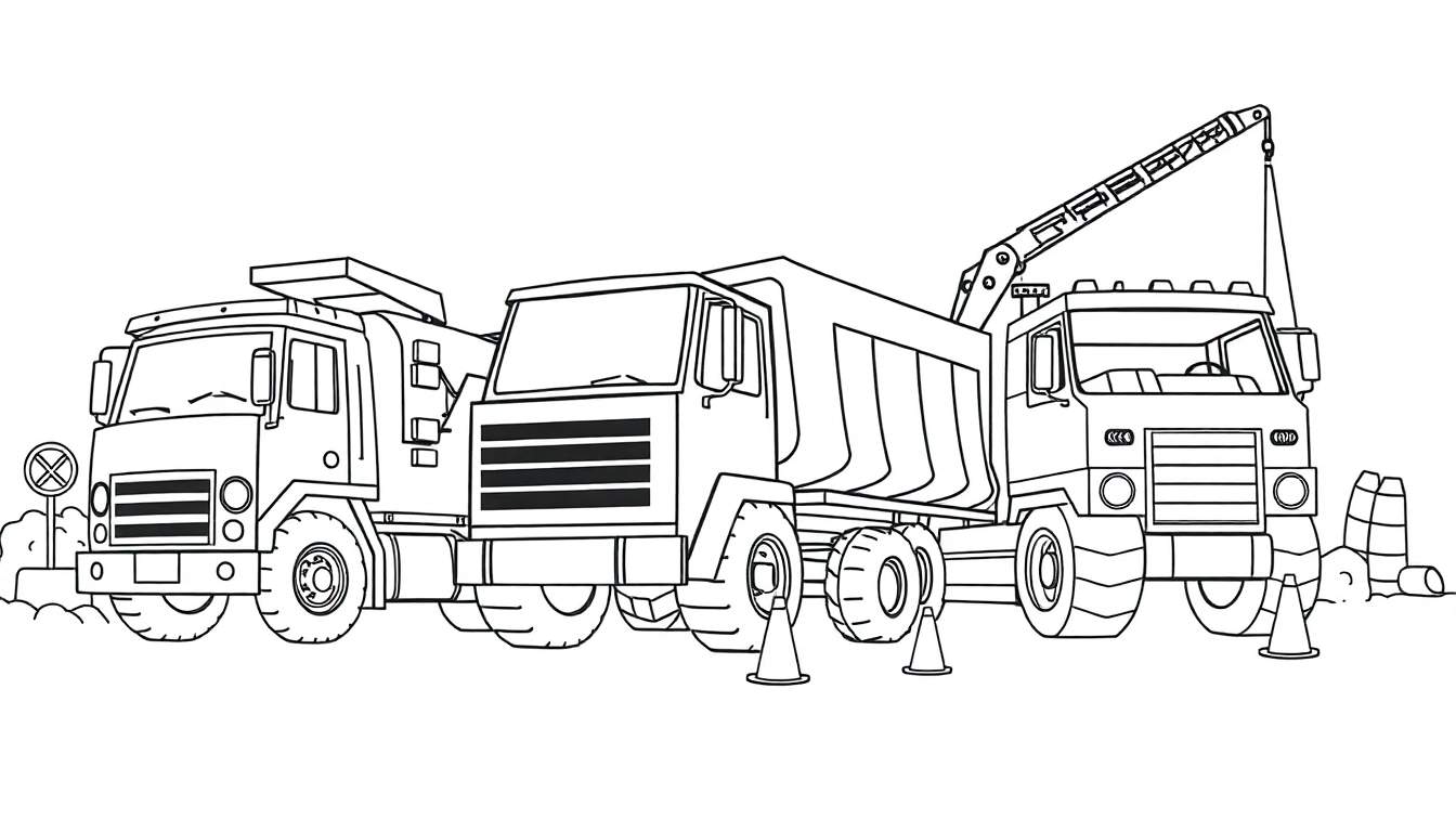 Un dessin au trait de trois camions de construction, dont un camion benne et un camion avec grue, avec des cônes de signalisation, sur un fond blanc. Un panneau de signalisation est présent près du premier camion.