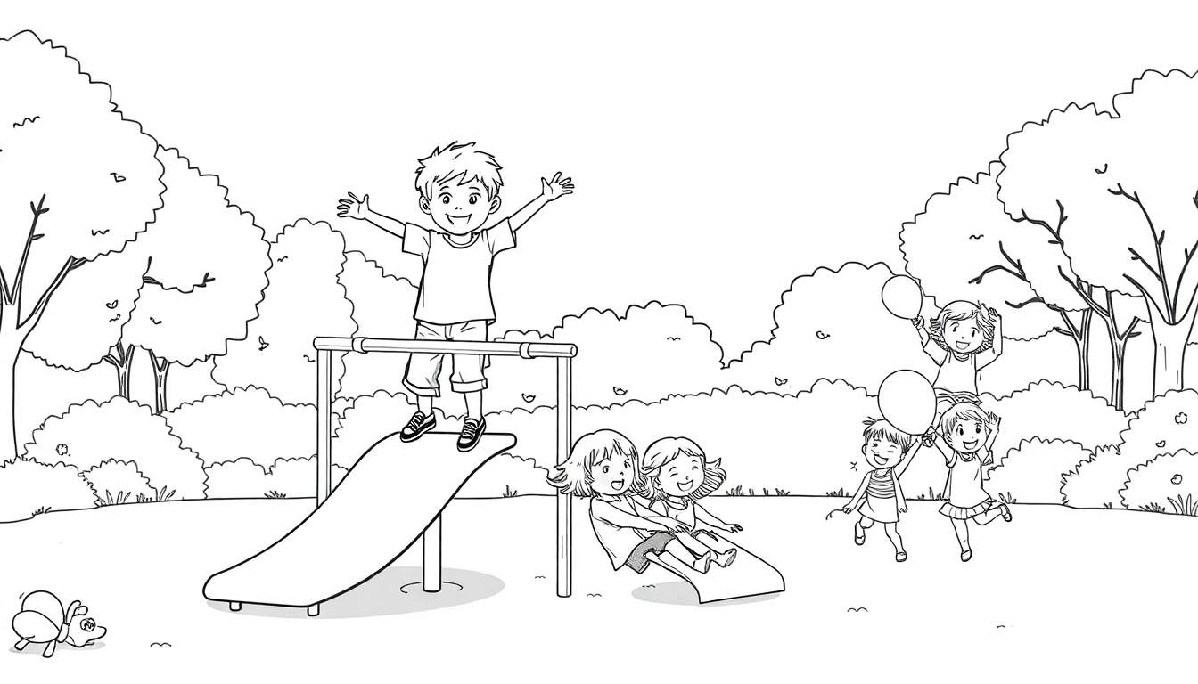 Dessin en noir et blanc d'un terrain de jeu avec des enfants joyeux, un toboggan, des ballons et un insecte color panel.