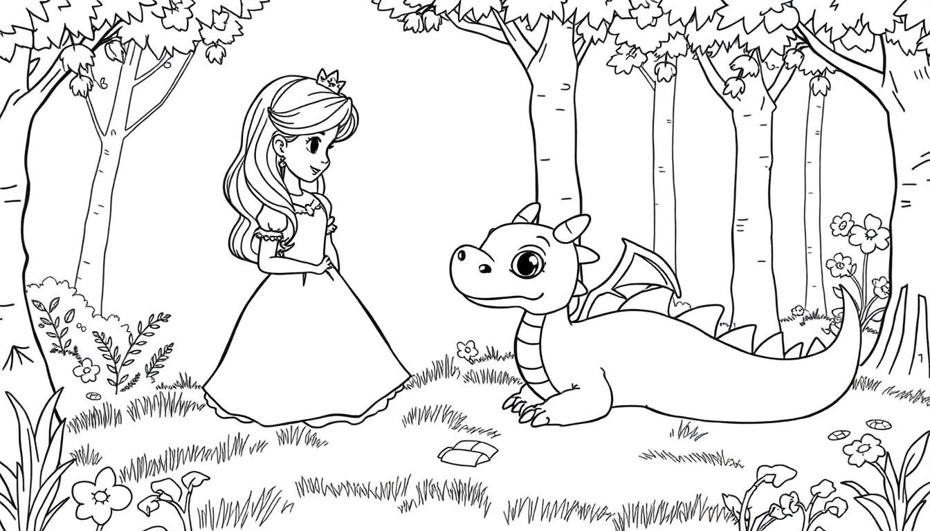 Color panel : Princesse souriante regardant un dragon mignon dans une forêt.