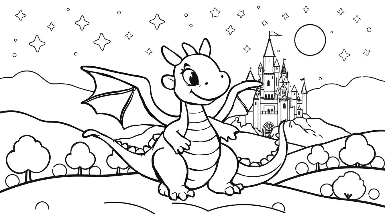 Un gentil dragon de dessin animé souriant, prêt à être colorié sur une page de coloriage.