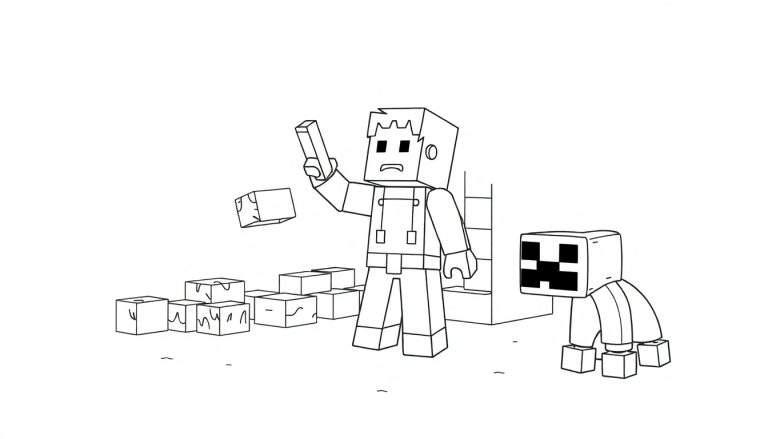 Page de coloriage en noir et blanc d'un personnage de Minecraft construisant une maison, avec un Creeper à côté.