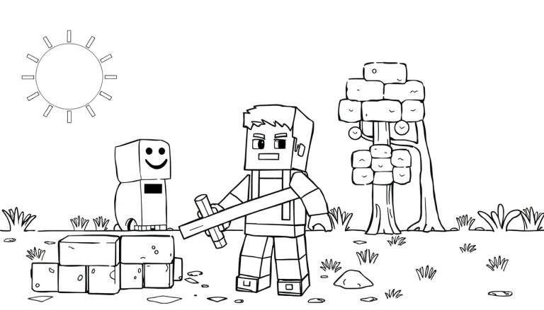 Page de coloriage Minecraft : Steve tenant du bois, Creeper à côté, arbre et soleil, pour un color panel.
