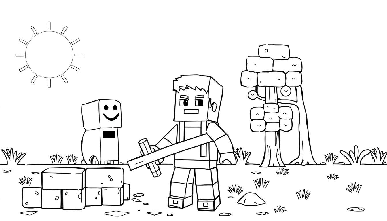 Page de coloriage Minecraft : Steve tenant du bois, Creeper à côté, arbre et soleil, pour un color panel.