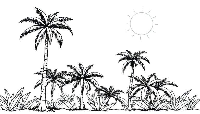 Dessin au trait de palmiers sous un soleil éclatant, page de coloriage en noir et blanc.