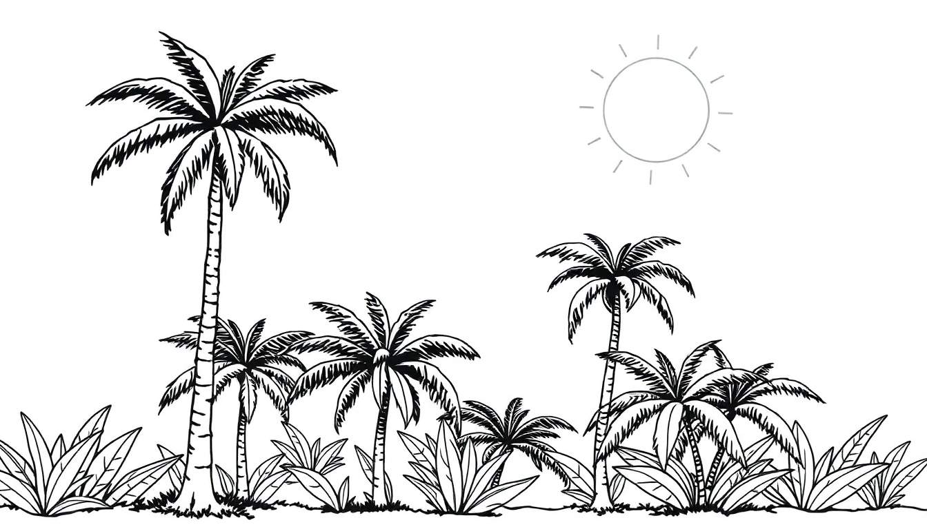 Dessin au trait de palmiers sous un soleil éclatant, page de coloriage en noir et blanc.