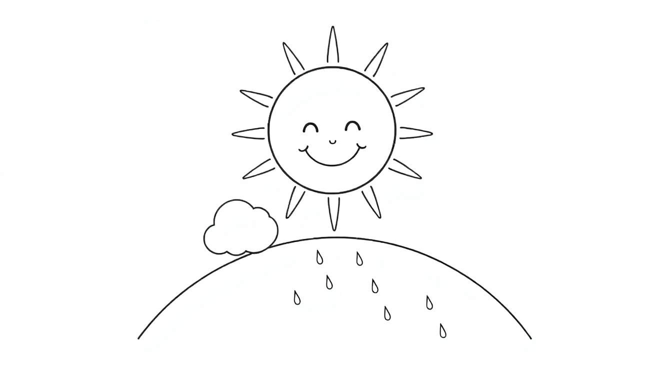 Un dessin simple d'un soleil souriant, d'une colline, d'un nuage et de gouttes de pluie. Il s'agit d'un color panel pour enfants.