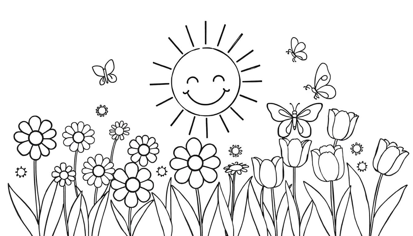 Color panel : un soleil souriant sur un champ de fleurs printanières avec des papillons.