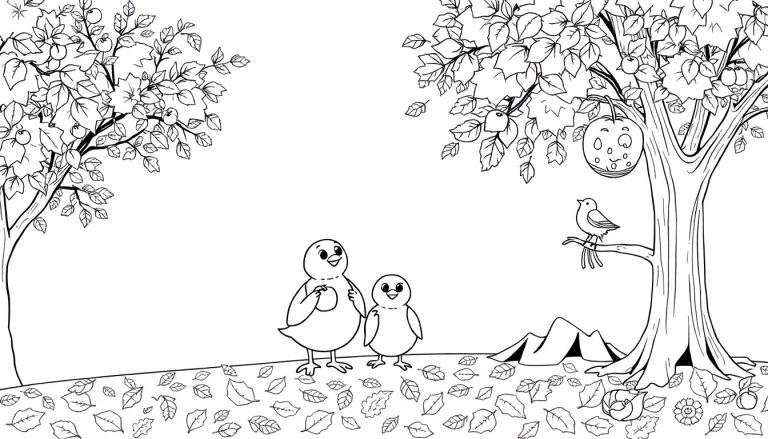 Dessin en noir et blanc d'une scène d'automne avec des arbres, des feuilles tombées, deux poussins souriants et un oiseau, parfait pour un color panel.