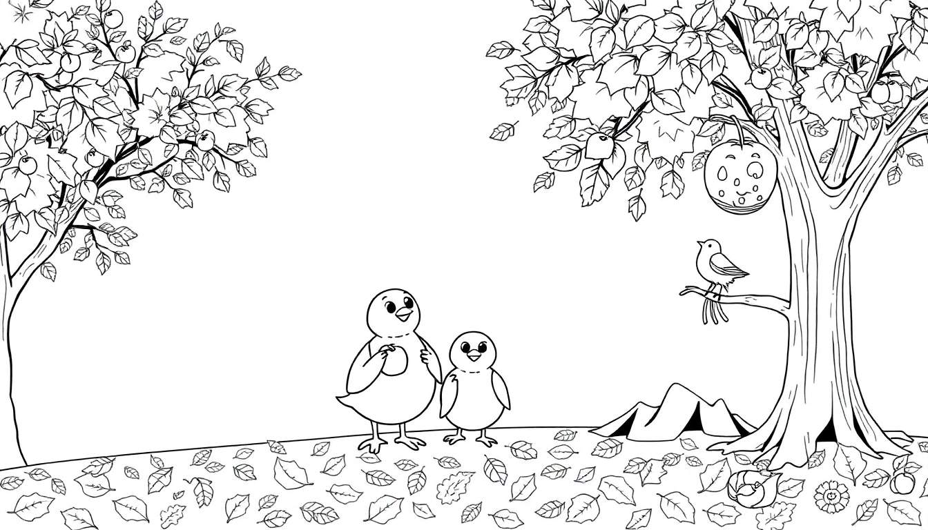Dessin en noir et blanc d'une scène d'automne avec des arbres, des feuilles tombées, deux poussins souriants et un oiseau, parfait pour un color panel.