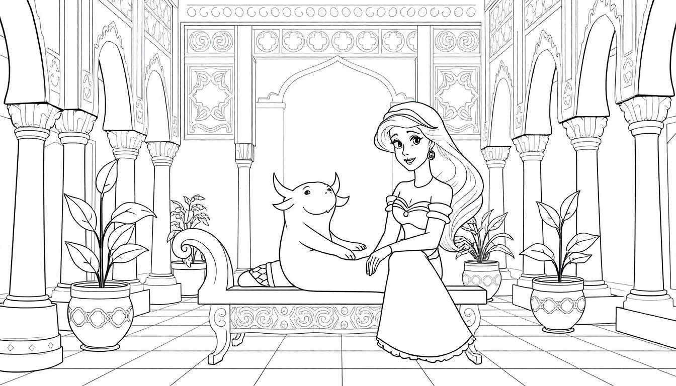 Page de coloriage de Jasmine, une princesse, assise aux côtés d'une créature ressemblant à un taureau doux dans une grande salle ornée, avec des plantes en pot.