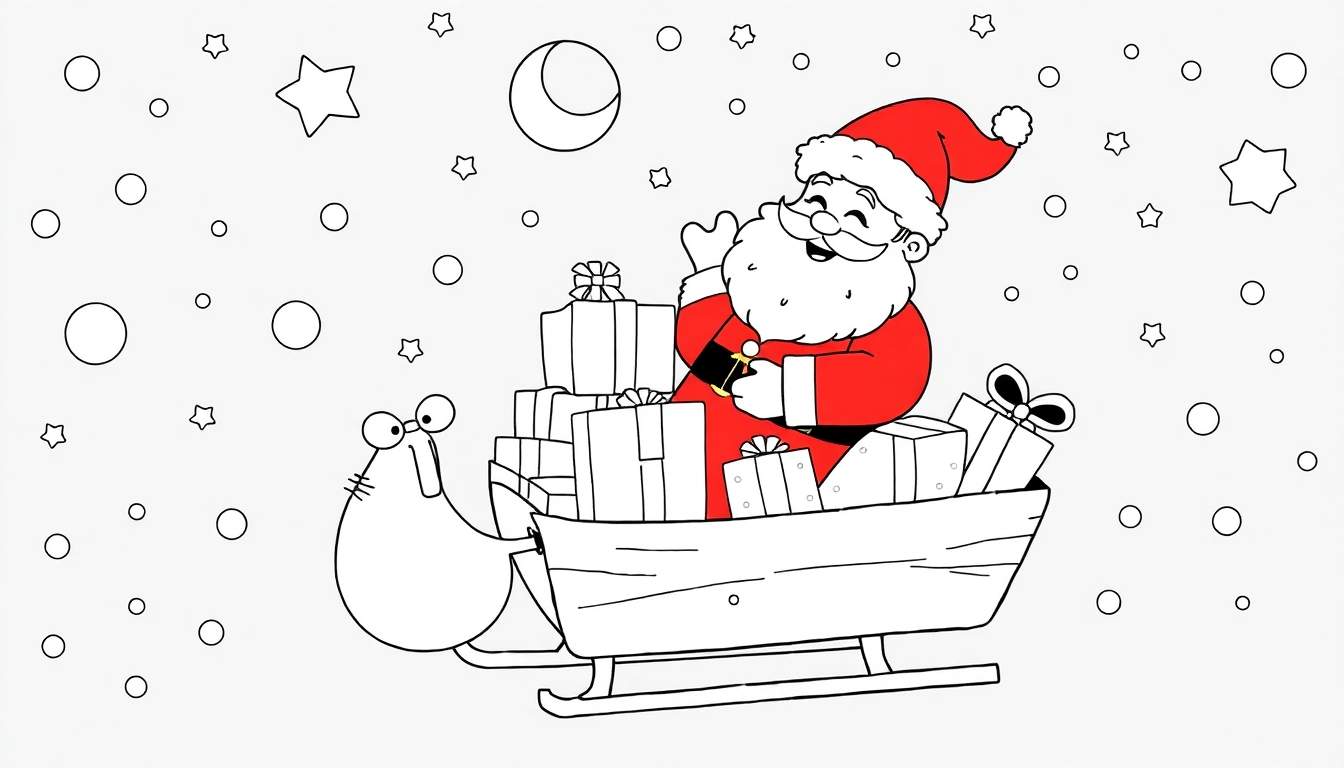 Page de coloriage de Noël : un Père Noël jovial dans un traîneau tiré par une créature magique.