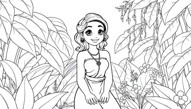 Page de coloriage de Tiana, la princesse souriante, dans une jungle luxuriante, prête à être colorée par les enfants sur le color panel.