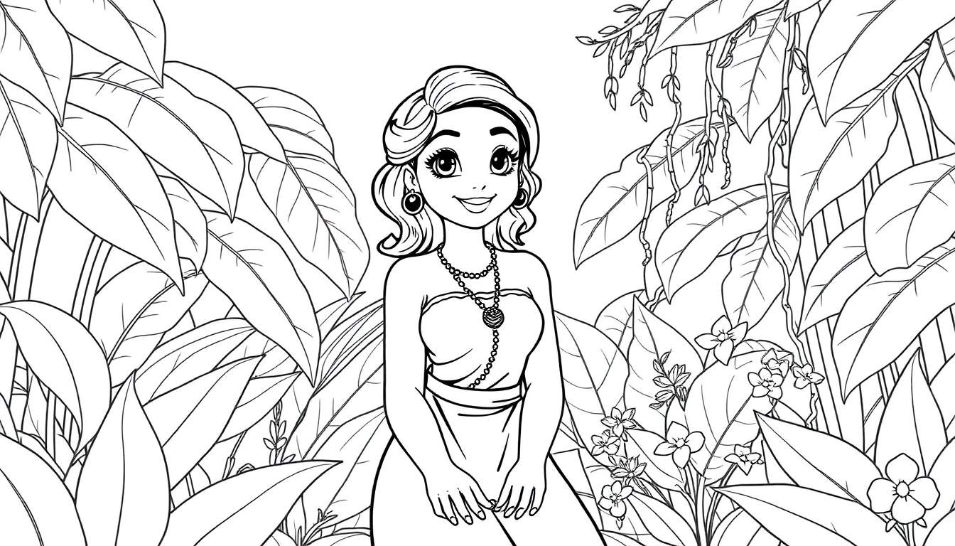 Page de coloriage de Tiana, la princesse souriante, dans une jungle luxuriante, prête à être colorée par les enfants sur le color panel.