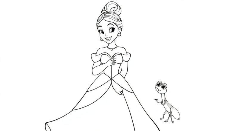 Page de coloriage de Tiana et sa petite amie grenouille dans un color panel.