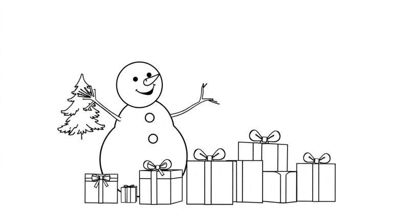 Un bonhomme de neige joyeux souriant, tenant un petit sapin de Noël et entouré de cadeaux, sur une page de coloriage en noir et blanc.