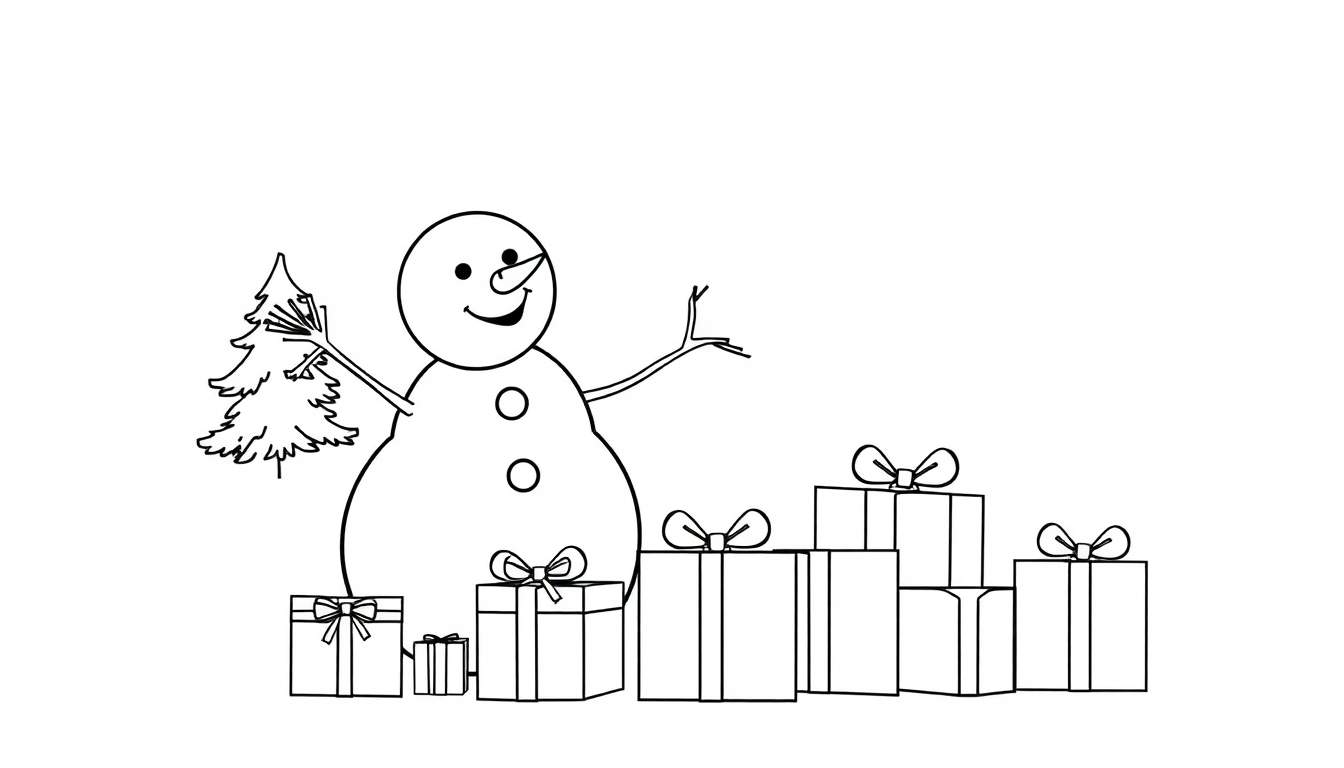 Un bonhomme de neige joyeux souriant, tenant un petit sapin de Noël et entouré de cadeaux, sur une page de coloriage en noir et blanc.