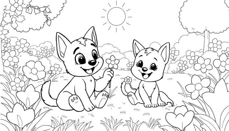 Deux chiots mignons dans un champ de fleurs, page de coloriage en noir et blanc.