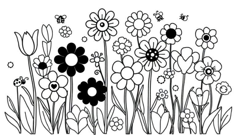 Un dessin au trait de fleurs et d'insectes pour un color panel.