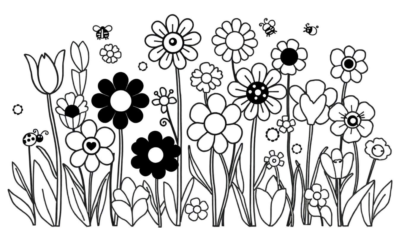 Un dessin au trait de fleurs et d'insectes pour un color panel.