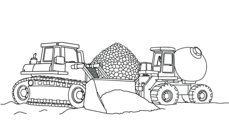 Page de coloriage color panel avec un bulldozer et un autre véhicule de chantier, avec des gravats.