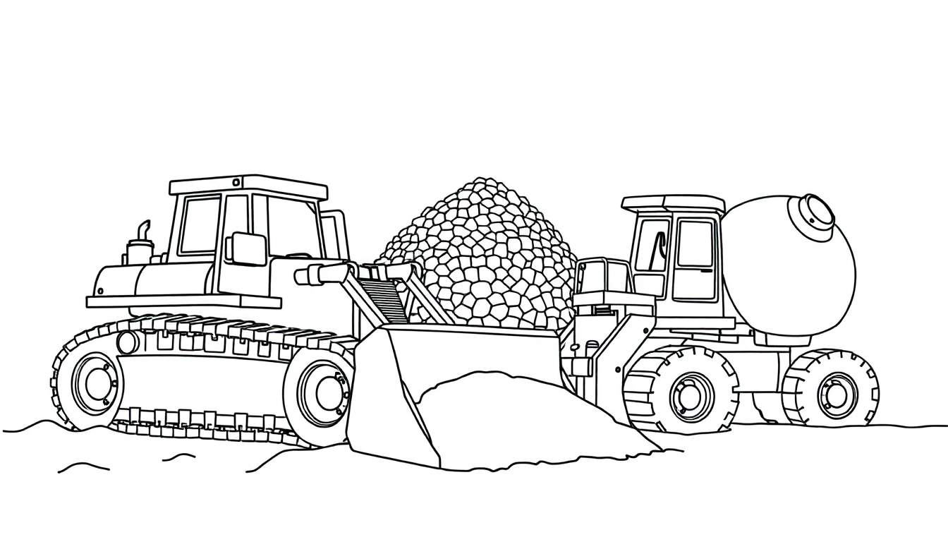 Page de coloriage color panel avec un bulldozer et un autre véhicule de chantier, avec des gravats.