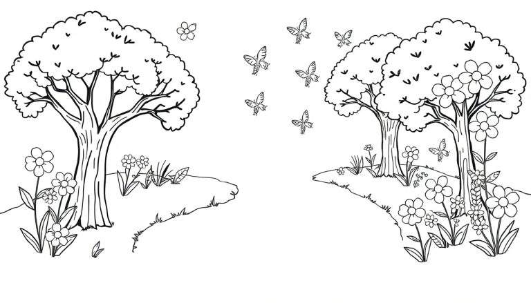 Panneau de coloriage d'un paysage naturel avec des arbres, des fleurs et des papillons.