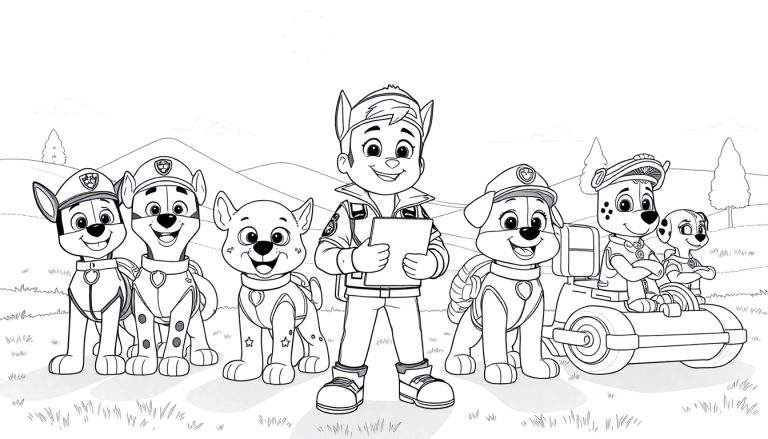 Color panel de la Pat' Patrouille avec Ryder et ses chiots.