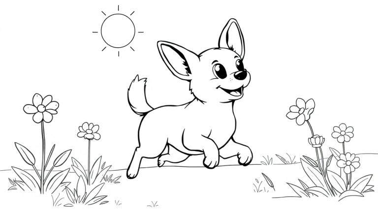 Un chihuahua joyeux court dans un champ ensoleillé, comme sur un panneau coloré pour enfants.