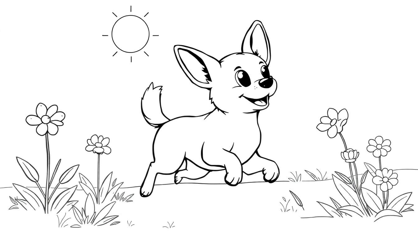 Un chihuahua joyeux court dans un champ ensoleillé, comme sur un panneau coloré pour enfants.