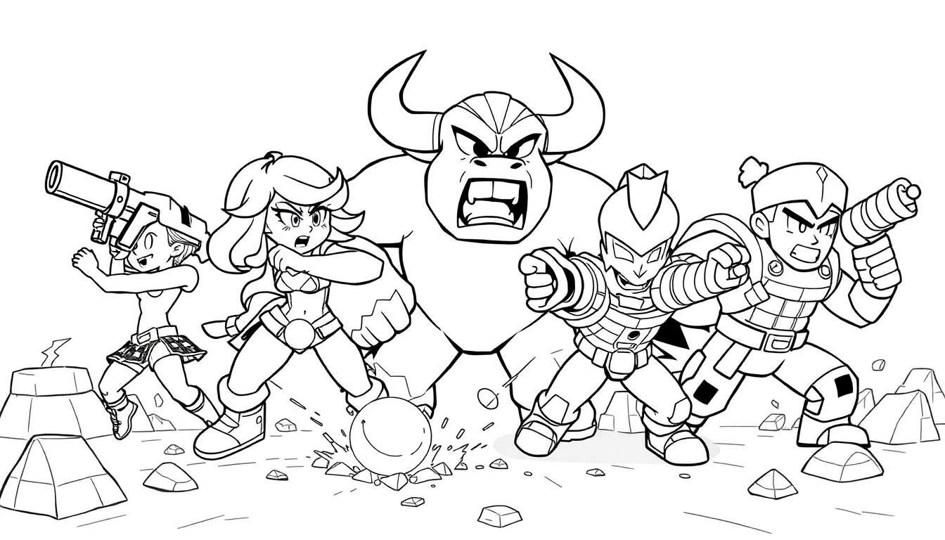 Panneau de coloriage avec des personnages de dessin animé, dont une petite fille avec une arme à feu, une autre frappant un ballon, un personnage de taureau rugissant et deux robots armés sur un fond rocheux.