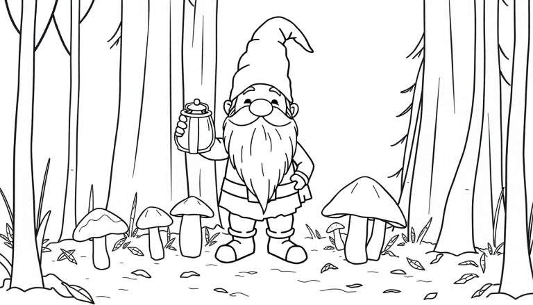 Gnome dessinant dans une forêt avec un pot et des champignons. Un panneau de coloriage.
